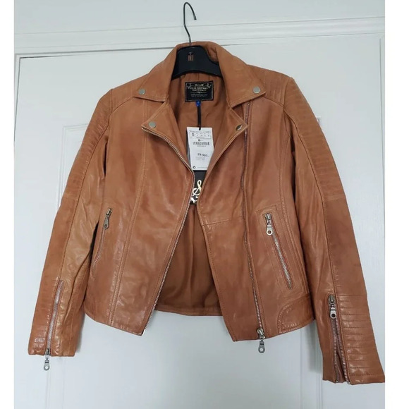 BNWT Stradivarius  Sheep Leather Motorcycle style Fitted Brown Jacket Small - Picture 12 of 14